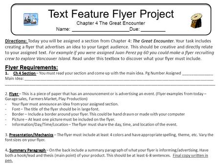 The Great Encounter Directions: Today you will be assigned a section from Chapter 4: The Great Encounter. Your task includes creating a flyer that advertises.