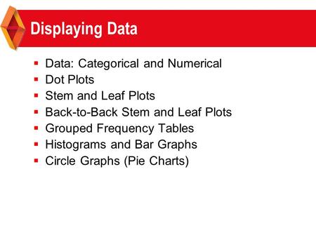 Displaying Data  Data: Categorical and Numerical  Dot Plots  Stem and Leaf Plots  Back-to-Back Stem and Leaf Plots  Grouped Frequency Tables  Histograms.