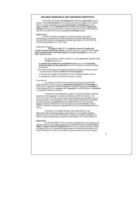 ISLAMIC RESEARCH AND TRAINING INSTITUTE The founders of the Islamic Development Bank (IDB) fully appreciated the role of research, training and information.