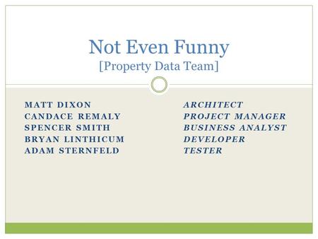 MATT DIXONARCHITECT CANDACE REMALYPROJECT MANAGER SPENCER SMITHBUSINESS ANALYST BRYAN LINTHICUMDEVELOPER ADAM STERNFELDTESTER Not Even Funny [Property.