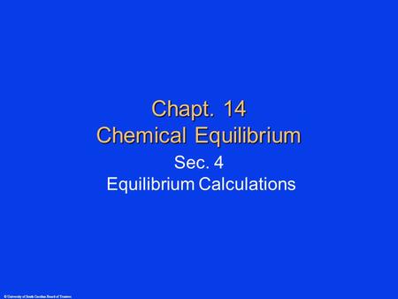 © University of South Carolina Board of Trustees Chapt. 14 Chemical Equilibrium Sec. 4 Equilibrium Calculations.