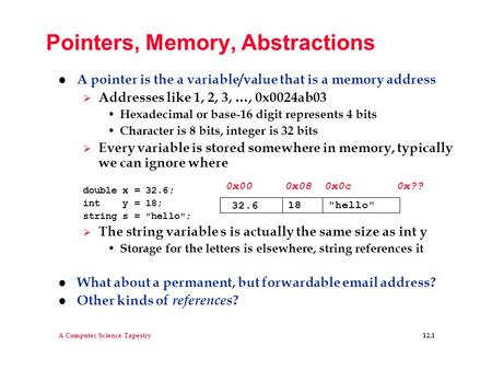 A Computer Science Tapestry 12.1 Pointers, Memory, Abstractions l A pointer is the a variable/value that is a memory address  Addresses like 1, 2, 3,