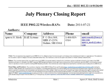 Doc.: IEEE 802.22-14/0126r00 SubmissionApurva N. Mody, BAE SystemsSlide 1 July Plenary Closing Report IEEE P802.22 Wireless RANs Date: 2014-07-21 Authors: