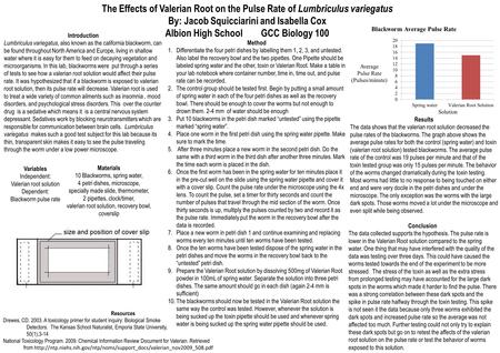 The Effects of Valerian Root on the Pulse Rate of Lumbriculus variegatus By: Jacob Squicciarini and Isabella Cox Albion High School GCC Biology 100 Variables.