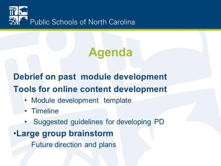 Agenda Debrief on past module development Tools for online content development Module development template Timeline Suggested guidelines for developing.