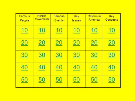 Famous People Reform Movements Famous Events Key Issues Reform in America Key Concepts 10 20 30 40 50.