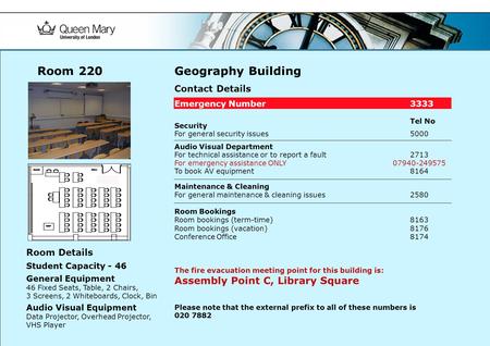 Geography Building Contact Details Emergency Number3333 Tel No Security For general security issues 5000 Audio Visual Department For technical assistance.