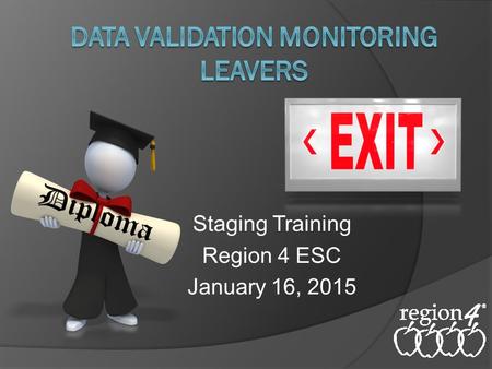 Staging Training Region 4 ESC January 16, 2015. Data Validation Acronyms  DVM – Data Validation Monitoring  DA – Data Analysis (Intervention document)