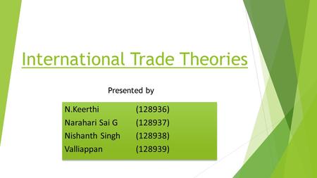 International Trade Theories N.Keerthi(128936) Narahari Sai G(128937) Nishanth Singh(128938) Valliappan(128939) N.Keerthi(128936) Narahari Sai G(128937)