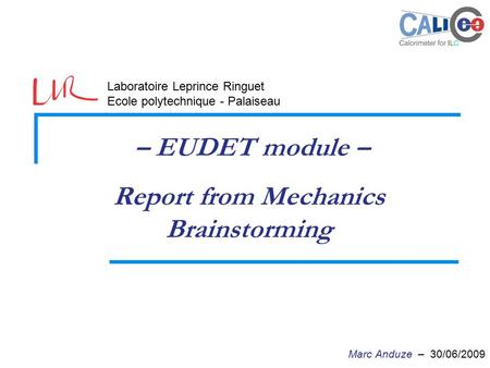 – EUDET module – Report from Mechanics Brainstorming Marc Anduze – 30/06/2009 Laboratoire Leprince Ringuet Ecole polytechnique - Palaiseau.