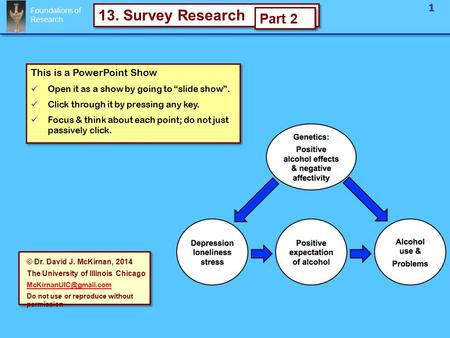 Foundations of Research 1 13. Survey Research This is a PowerPoint Show Open it as a show by going to “slide show”. Click through it by pressing any key.