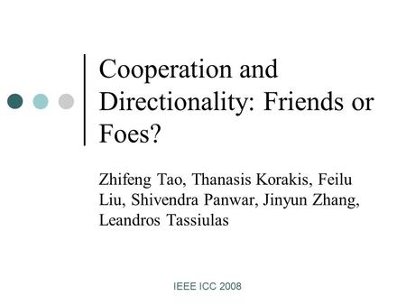 Cooperation and Directionality: Friends or Foes? Zhifeng Tao, Thanasis Korakis, Feilu Liu, Shivendra Panwar, Jinyun Zhang, Leandros Tassiulas IEEE ICC.