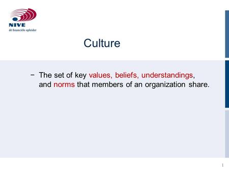 1 Culture −The set of key values, beliefs, understandings, and norms that members of an organization share.