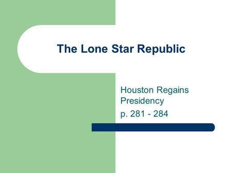 The Lone Star Republic Houston Regains Presidency p. 281 - 284.