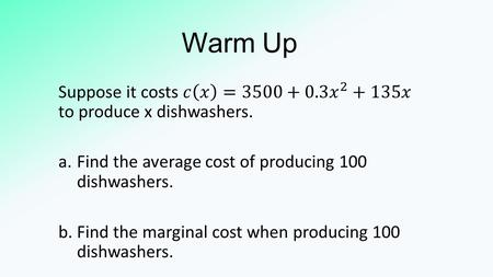 Warm Up. 3.5 – Derivatives of Trig Functions Goal I will be able to derive derivatives of all 6 basic trig functions. I will also define Jerk.