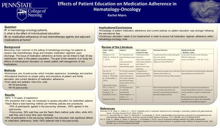 Effects of Patient Education on Medication Adherence in Hematology-Oncology Rachel Myers Question P: In hematology-oncology patients, I: what is the effect.