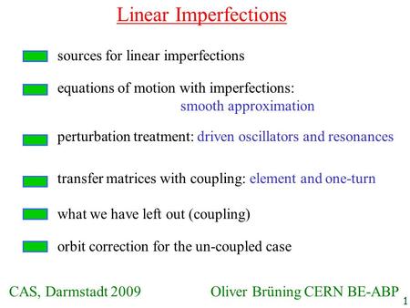 Linear Imperfections equations of motion with imperfections: smooth approximation orbit correction for the un-coupled case transfer matrices with coupling: