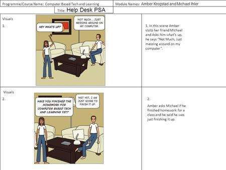 Programme/Course Name: Computer Based Tech and Learning Module Names: Amber Krogstad and Michael Ihler Title: Help Desk PSA Visuals 1.1. In this scene.