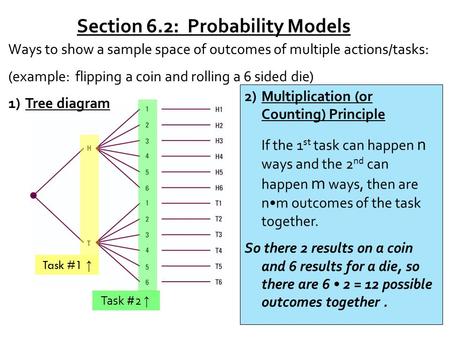 Section 6.2: Probability Models Ways to show a sample space of outcomes of multiple actions/tasks: (example: flipping a coin and rolling a 6 sided die)