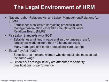 Copyright © Cengage Learning. All rights reserved The Legal Environment of HRM National Labor Relations Act and Labor-Management Relations Act (1935) –Establishes.