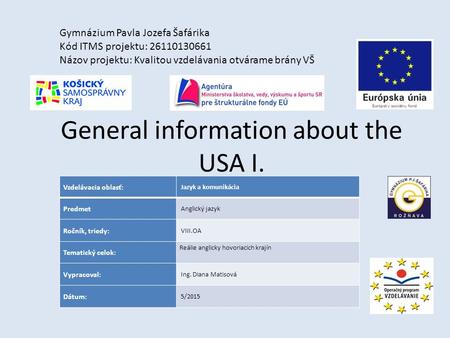 General information about the USA I. Gymnázium Pavla Jozefa Šafárika Kód ITMS projektu: 26110130661 Názov projektu: Kvalitou vzdelávania otvárame brány.