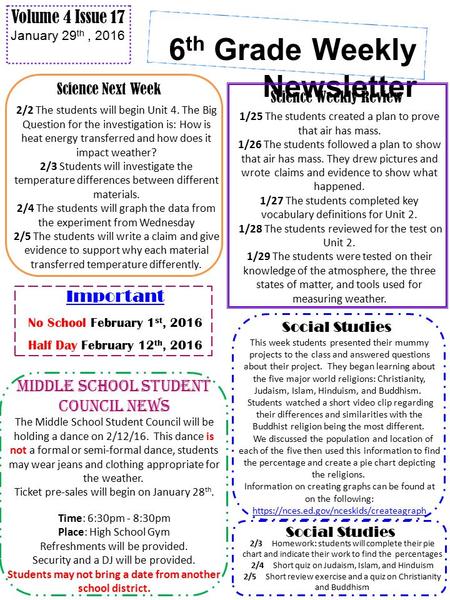 6 th Grade Weekly Newsletter Volume 4 Issue 17 January 29 th, 2016 Science Next Week Science Weekly Review This week students presented their mummy projects.