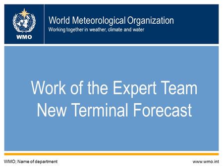 World Meteorological Organization Working together in weather, climate and water Work of the Expert Team New Terminal Forecast WMO; Name of departmentwww.wmo.int.