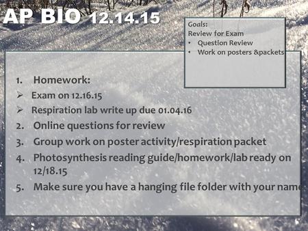 AP BIO 12.14.15 1.Homework:  Exam on 12.16.15  Respiration lab write up due 01.04.16 2.Online questions for review 3.Group work on poster activity/respiration.