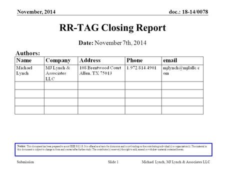 Doc.: 18-14/0078 Submission November, 2014 Michael Lynch, MJ Lynch & Associates LLCSlide 1 RR-TAG Closing Report Notice: This document has been prepared.