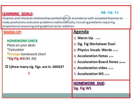 Agenda 1) Warm-Up 5 min 2) Sig. Fig Worksheet Due! 3) Physics Vocab. Words 10 min 4) Acceleration Notes 20 min 5) Acceleration Board Notes 10 min 6) Acceleration.