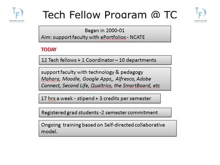 Tech Fellow TC. THE ROLE OF THE TECH FELLOW Assist faculty one-on-one (in person,  , phone, chat, web conferencing) (Moodle, Google Apps,