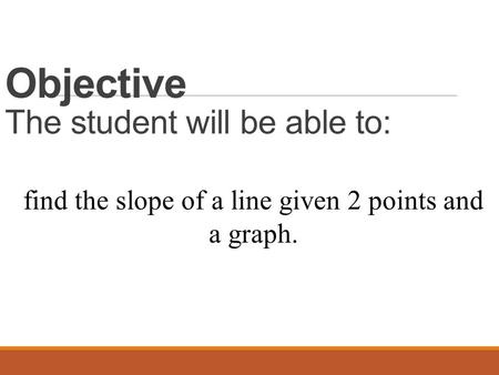 Objective The student will be able to: find the slope of a line given 2 points and a graph.