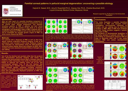 Familial corneal patterns in pellucid marginal degeneration: uncovering a possible etiology Hajirah N. Saeed, M.D., Amy B. Rosenfeld Ph.D., Xiaowu Gai,