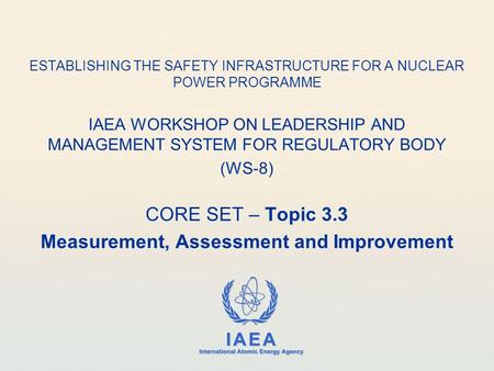 IAEA International Atomic Energy Agency ESTABLISHING THE SAFETY INFRASTRUCTURE FOR A NUCLEAR POWER PROGRAMME IAEA WORKSHOP ON LEADERSHIP AND MANAGEMENT.