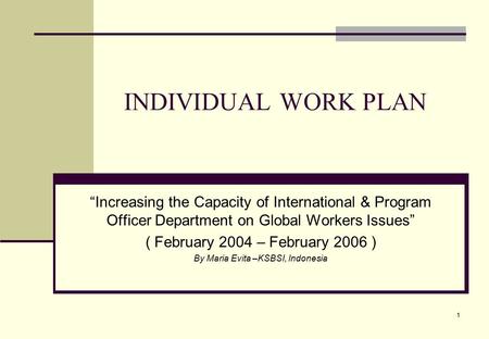 1 INDIVIDUAL WORK PLAN “Increasing the Capacity of International & Program Officer Department on Global Workers Issues” ( February 2004 – February 2006.