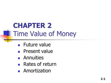 2-1 CHAPTER 2 Time Value of Money Future value Present value Annuities Rates of return Amortization.