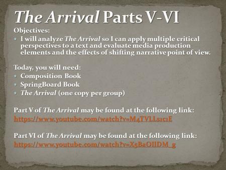 Objectives: I will analyze The Arrival so I can apply multiple critical perspectives to a text and evaluate media production elements and the effects of.