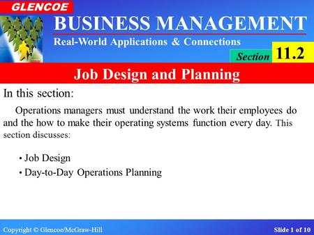 Copyright © Glencoe/McGraw-Hill Slide 1 of 10 BUSINESS MANAGEMENT Real-World Applications & Connections GLENCOE Section 11.2 Job Design and Planning In.