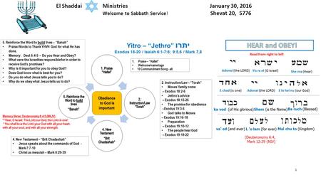 1 El Shaddai Ministries January 30, 2016 Welcome to Sabbath Service! Shevat 20, 5776.