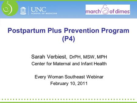 Sarah Verbiest, DrPH, MSW, MPH Center for Maternal and Infant Health Every Woman Southeast Webinar February 10, 2011 Postpartum Plus Prevention Program.