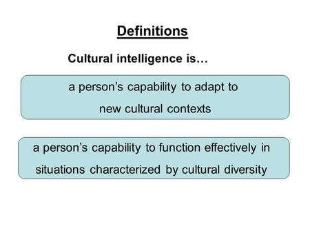 Definitions a person’s capability to adapt to new cultural contexts a person’s capability to function effectively in situations characterized by cultural.