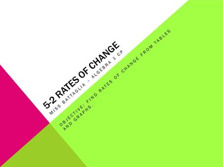 5-2 RATES OF CHANGE MISS BATTAGLIA – ALGEBRA 1 CP OBJECTIVE: FIND RATES OF CHANGE FROM TABLES AND GRAPHS.