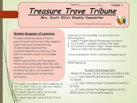 Treasure Trove Tribune Mrs. Scott-Ellis’s Weekly Newsletter Sharpening skills for success! Week 1 Students learned about the im- portant parts of a map: