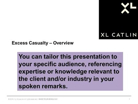 Excess Casualty – Overview 1© 2015, XL Group plc. All rights reserved. I MAKE YOUR WORLD GO You can tailor this presentation to your specific audience,