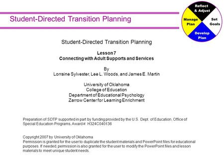 Student-Directed Transition Planning Lesson 7 Connecting with Adult Supports and Services By Lorraine Sylvester, Lee L. Woods, and James E. Martin University.