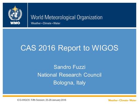 WMO CAS 2016 Report to WIGOS Sandro Fuzzi National Research Council Bologna, Italy ICG-WIGOS Fifth Session, 25-28 January 2016.