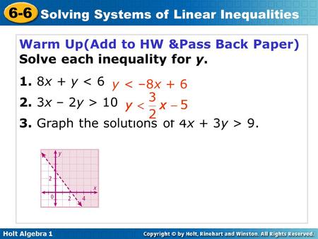 Holt Algebra 1 6-6 Solving Systems of Linear Inequalities Warm Up(Add to HW &Pass Back Paper) Solve each inequality for y. 1. 8x + y < 6 2. 3x – 2y > 10.