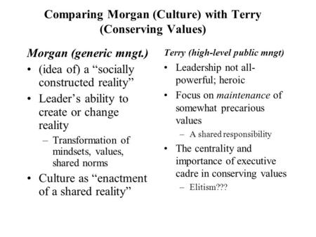 Comparing Morgan (Culture) with Terry (Conserving Values) Morgan (generic mngt.) (idea of) a “socially constructed reality” Leader’s ability to create.