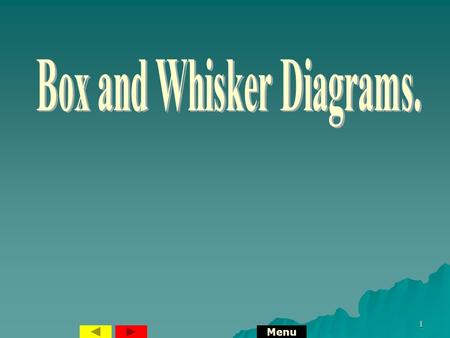 1 Menu 2 Box and Whisker Diagrams. 12, 18, 32, 40, 45, 60, 70, 90, 94 Lowest Value = 12 Highest Value = 94 Median = 45Upper Quartile = 80 Lower Quartile.