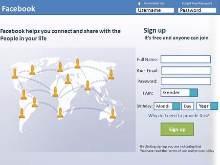Facebook Sign up PasswordUsername Remember meForgot Your Password Facebook helps you connect and share with the People in your life It’s free and anyone.